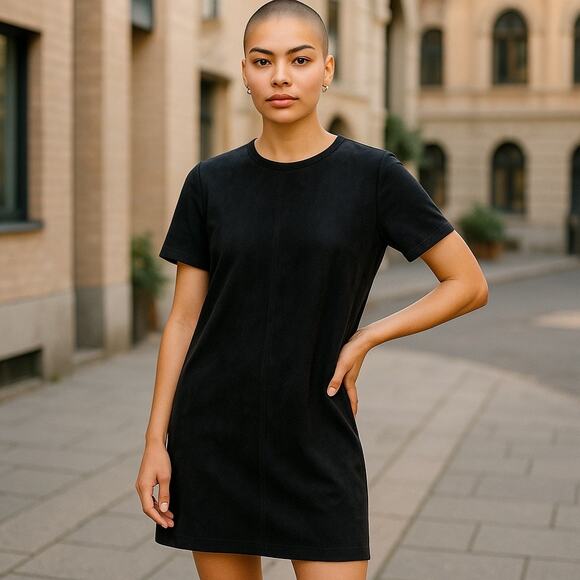 ZARA Minimalist Vegan Suede Black Short Sleeve T Shirt Style  Dress   Medium - Picture 1 of 7